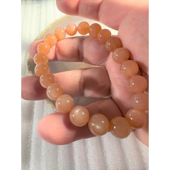 High Quality Peach Moonstone Beaded Stretch Bracelet - 10mm beads - Picture 3 of 4